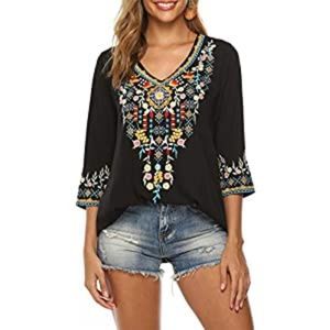 Womens Boho Embroidered Peasant Tops  Tunics